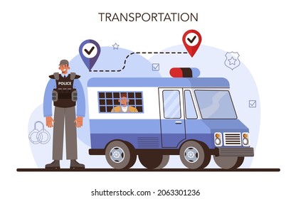 Convoy concept. Transportation of a criminal in an armored truck. Money collecting and protection. Escort of professional security guards in a bulletproof uniform. Vector isolated illustration.