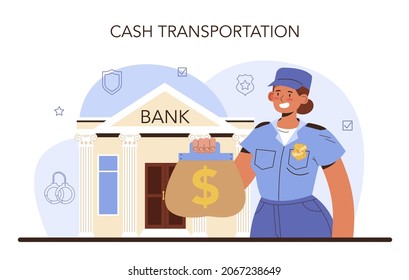 Convoy concept. Transportation of a criminal in an armored truck. Money collecting and protection. Escort of professional security guards in a bulletproof uniform. Vector isolated illustration.