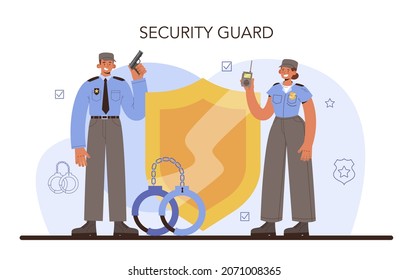 Convoy concept. Transportation of a criminal in an armored truck. Money collecting and protection. Escort of professional security guards in a bulletproof uniform. Vector isolated illustration.