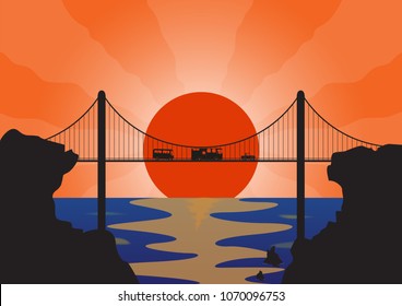 A convoy of holiday vehicles on a suspension bridge at sunset over the ocean 