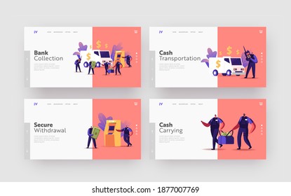 Convoy Job Landing Page Template Set. Armed Guard Characters Collectors Carry Bags from ATM or Currency Exchange Office. Collecting Cash for Transportation to Bank. Cartoon People Vector Illustration