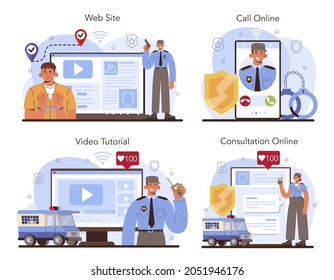 Convoy online service or platform set. Transportation of a criminal in an armored truck. Money collecting and protection. Online consultation, call, video tutorial, website. Vector illustration