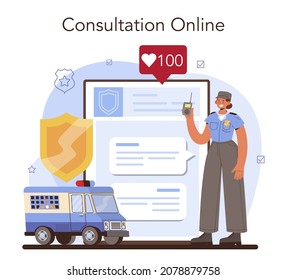 Convoy Online Service Or Platform. Transportation Of A Criminal In An Armored Truck. Money Collecting And Protection. Online Consultation. Vector Illustration