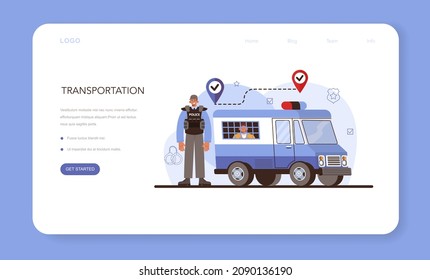 Convoy Web Banner Or Landing Page. Transportation Of A Criminal In An Armored Truck. Money Collecting And Protection. Escort Of Professional Security Guards. Vector Isolated Illustration