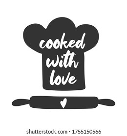 Coocked with love. Badges, labels and logo elements, retro symbols for bakery shop, cooking club, cafe, or home cooking. Vector emblem