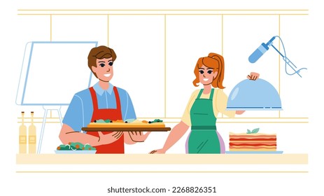 coocking show vector. kitchen chef, cuisine food, professional cook, home television, culinary coocking show character. people flat cartoon illustration