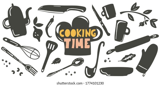 Coocking time. Lettering with kitchen utensils and food hand drawn set for cafe or restaurant menu, cooking classes and school, silhouette flat vector illustration label sticker or logo