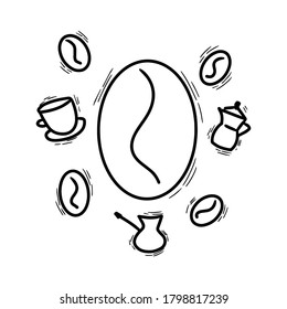 Coofee theme. Illustration in the Doodle style. Methods of making coffee. Cup. To go. Turk for making coffee. Geyser coffeemaker. Coffee beans. Vector illustration.