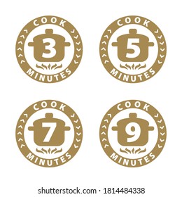 Cook 3, 5, 7, 9 minutes label, stamp for cooking time on package. Vector illustration