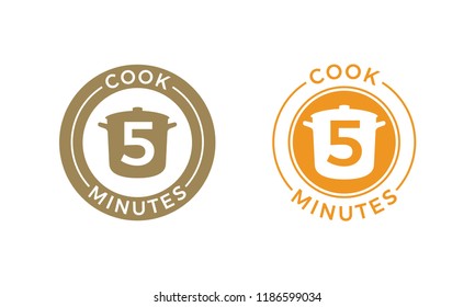 Cook 5 minutes icon for cereal and pasta cooking time on food package. Vector saucepan and 5 minutes template design