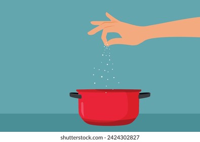 
Cocinar la adición de sal a una comida casera vector ilustración de dibujos animados. Aroma y sazona la comida en casa 
