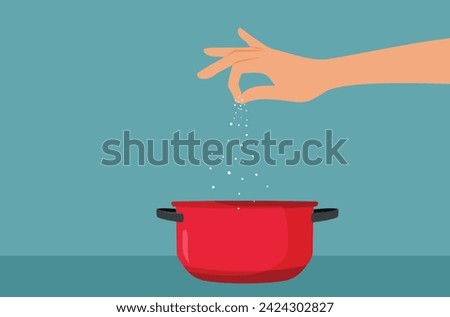 
Cook Adding Salt to a Homemade Meal vector Cartoon illustration. Chef flavoring and seasoning the meal at home 
