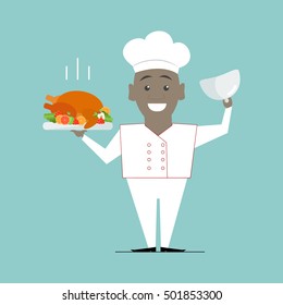 Cook African American with a dish in his hands. Chef. Vector flat