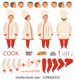 Cook animation. Chef characters body parts hands arms head and clothes with kitchen tools vector kit creation. Chef character professional constructor face, leg and hand illustration