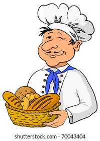 Cook - baker in a cap with a basket of tasty newly baked bread