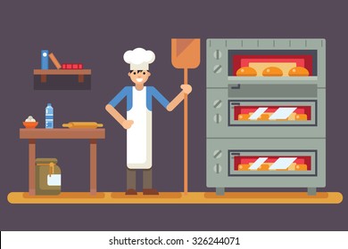 Cook baker cooking bread icon bakery background  flat design vector illustration