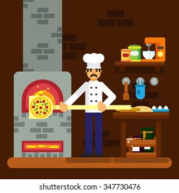 Cook baker cooking pizza icon bakery background flat design vector illustration esp10