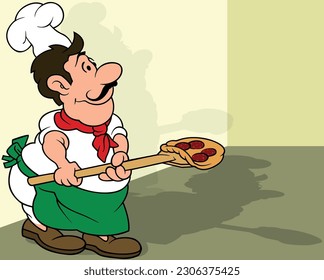 The Cook is Baking a Pizza - Colored Cartoon Illustration with Background, Vector