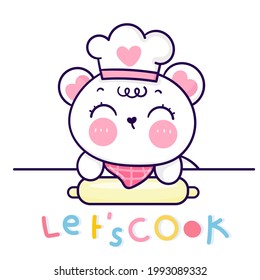 Cook Bear cartoon clipart fun cub animal cute vector kawaii character: Series Chef cooking bakery logo Hand drawn girly doodle isolated on white background. Illustration for baby shower, birthday.
