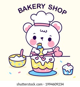 Cook Bear cartoon clipart fun cub animal decorate birthday cake for party cute vector kawaii character: Series Chef cooking bakery logo Hand drawn girly doodle isolated on white background. dessert