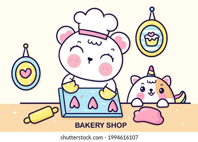 Cook Bear cartoon clipart fun cub animal and unicorn cat bake cookie for birthday party cute vector kawaii character: Series Chef cooking bakery logo Hand drawn girly doodle isolated. dessert shop.