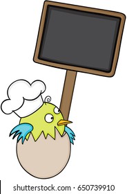 Cook bird in egg with blank wood sign
