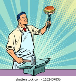 Cook blacksmith forges a Burger on the anvil. Fast food. Pop art retro illustration vintage kitsch drawing