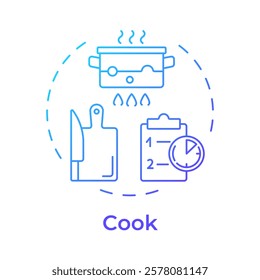 Cook blue gradient concept icon. Cooking recipe, cookbook. Boiling pot, cutting board. Round shape line illustration. Abstract idea. Graphic design. Easy to use in infographic, presentation