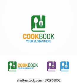 Cook book logo set different color with spoon and fork isolated on white background for use culinary school, cooking education, food blog, recipe book etc. Vector Illustration 