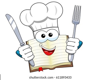 Cook book mascot wearing hat and holding fork and knife isolated