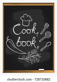 Cook book on blackboard background. Cover of cooking book. vector illustration.