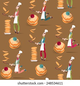 Cook boy tosses pancake in frying pan. Happy Pancake Day! Seamless background pattern. Vector illustration