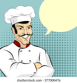 Cook and bubble. Cheesy Italian chef says. Professional kitchen worker in pop art style 
