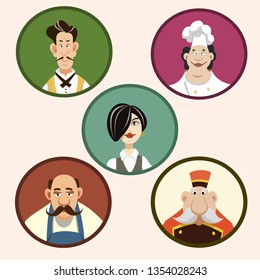 Cook, butcher, administrator, waiter, doorman. Set of avatars of restaurant workers