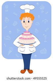 Cook and cake on blue background. Vector illustration.