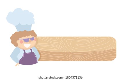 The cook in a cap and glasses on the background of a wooden plate. Vector illustration.