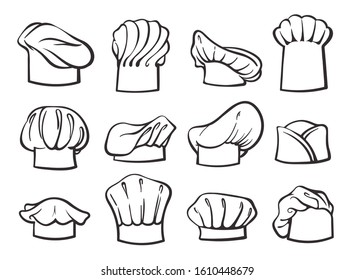 Cook caps, uniform items vector icons set. Chef hats, restaurant cooker headgear monochrome simple symbols pack. Headdress, headwear, clothing staff collection isolated on white background