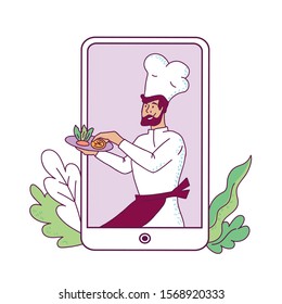 Cook cartoon character in chief hat holding dish with meal on mobile phone screen background. Food delivery and restaurant cuisine ordering to home. Flat vector illustration in sketch style isolated.