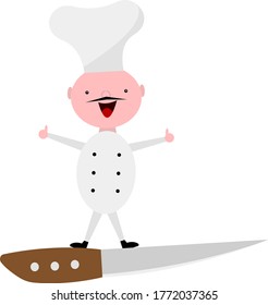 cook cartoon character man with mustache holds thumbs up as approval gesture he poses standing on kitchen knife object on white background concept of cooking and accessories