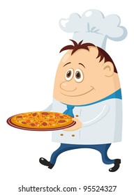 Cook, cartoon chef with pizza isolated over a white background. Vector