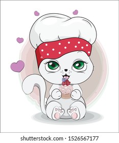 cook cat with cupcake. The picture in hand drawing style, can be used for t-shirt print, wear fashion design, greeting card. baby food menu