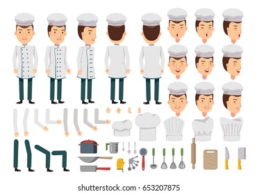 Cook character creation set.Icons with different types of faces and Chef's hat style, emotions,front,rear,side view of male person.Moving arms,legs.Vector illustration Isolated on white background