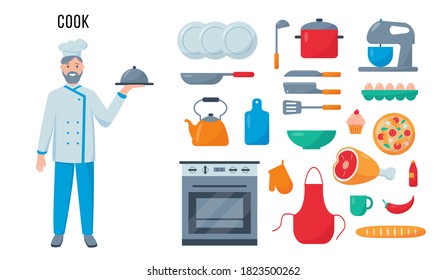 Cook character and set of products and equipment for his work. Profession people concept. Vector illustrations isolated on white background.