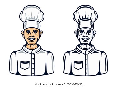 Cook character in two styles black and cartoon colored vector graphic objects or design elements isolated on white background