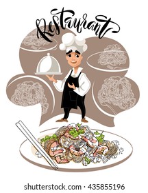 Cook character. Vector illustration in cartoon style. Restaurant Menu lettering. White isolated.