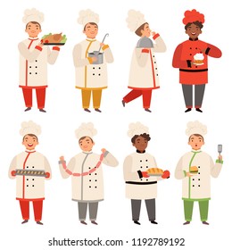 Cook characters. Chef at kitchen cooking various tasty food funny cartoon mascot in various poses. Chef cook character, cooking food for restaurant. Vector illustration