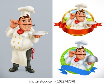 Cook, Chef. Character And Label. 3d Vector Icon Set