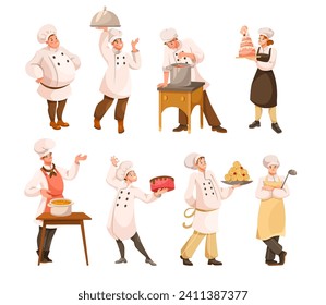 Cook or Chef Character in Uniform Cooking Meal Vector Illustration Set