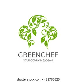 Cook chef hat with ornamental green leaves. Vector logo template for vegetarian restaurant.