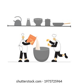 Cook chef with hat, uniform cooking in professional kitchen restaurant. Vector stock illustration isolated on white background for web site, poster, online school, diploma.